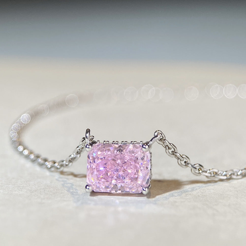 Colored Diamond Pendant Necklaces, Pink/Yellow/Clear Stones, Silver Chains, Statement Jewelry XL-065