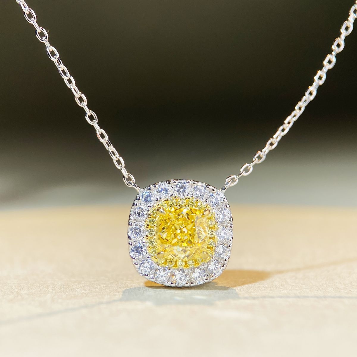 Yellow Diamond Halo Pendant Necklace, Silver Chain, Luxury Jewelry XL-066
