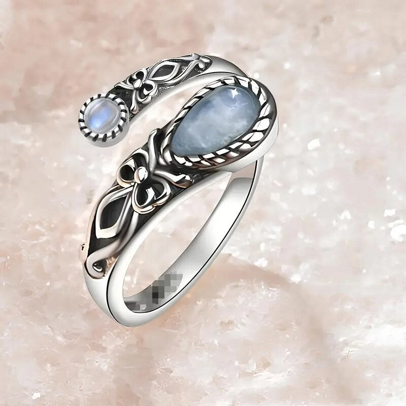 sterling silver ring  natural moonstone ring  turquoise gemstone ring  black onyx statement ring  vintage floral band  bohemian open ring  celestial inspired ring  gothic chic jewelry  artisan crafted ring  timeless statement piece JZ-066