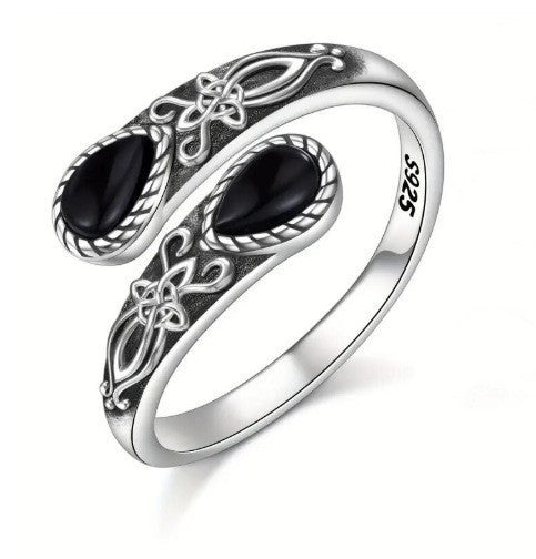 sterling silver ring  natural moonstone ring  turquoise gemstone ring  black onyx statement ring  vintage floral band  bohemian open ring  celestial inspired ring  gothic chic jewelry  artisan crafted ring  timeless statement piece JZ-066