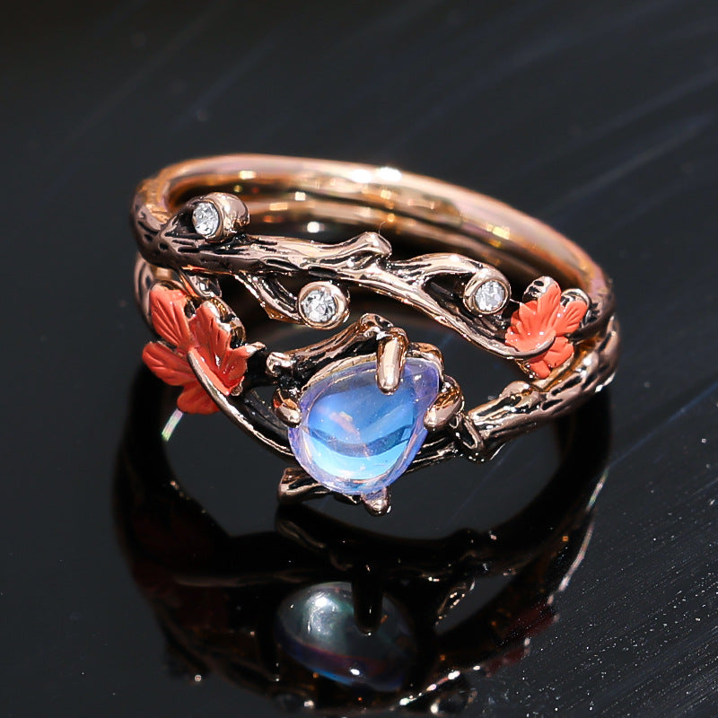 moonstone ring, nature inspired ring, vintage branch ring, woodland jewelry, boho statement ring, gemstone cocktail ring, fairycore jewelry, adjustable ring, romantic gift ring, fantasy style ring JZ-067