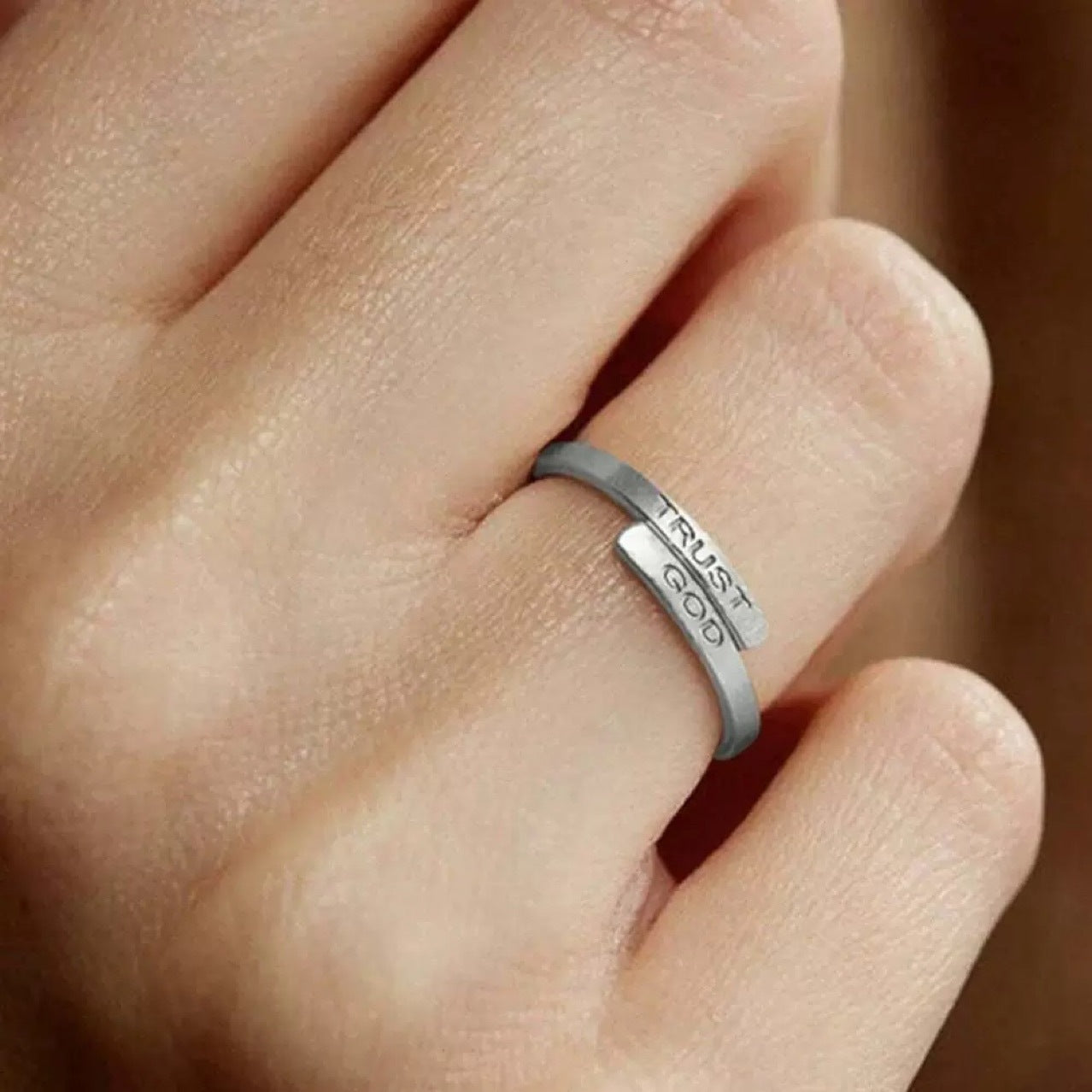 trust god ring  minimalist stainless steel ring  faith jewelry  christian adjustable ring  inspirational band  religious jewelry gift  unisex daily ring  scripture jewelry  open wrap ring  modern faith accessory JZ-072