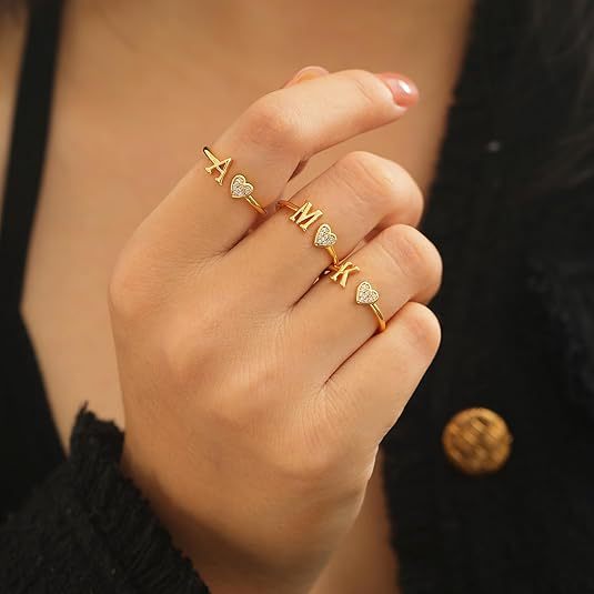 initial ring letter heart ring adjustable love ring open band ring gold plated ring dainty promise ring personalized gift jewelry minimalist everyday ring romantic stackable ring crystal accent ring JZ-074