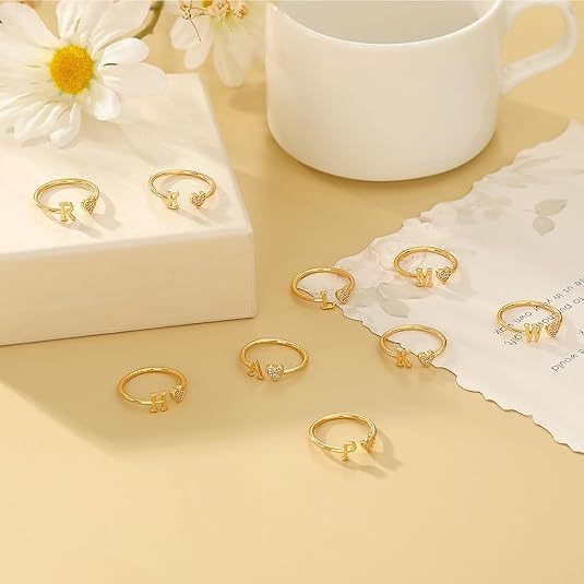 initial ring letter heart ring adjustable love ring open band ring gold plated ring dainty promise ring personalized gift jewelry minimalist everyday ring romantic stackable ring crystal accent ring JZ-074