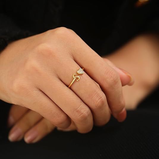 initial ring letter heart ring adjustable love ring open band ring gold plated ring dainty promise ring personalized gift jewelry minimalist everyday ring romantic stackable ring crystal accent ring JZ-074