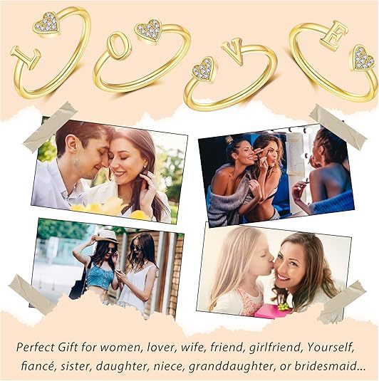 initial ring letter heart ring adjustable love ring open band ring gold plated ring dainty promise ring personalized gift jewelry minimalist everyday ring romantic stackable ring crystal accent ring JZ-074