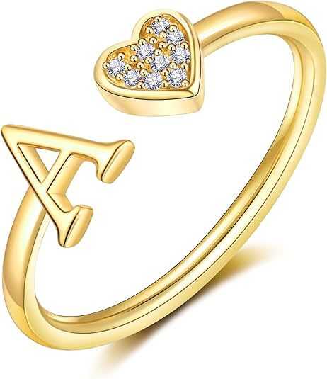 initial ring letter heart ring adjustable love ring open band ring gold plated ring dainty promise ring personalized gift jewelry minimalist everyday ring romantic stackable ring crystal accent ring JZ-074