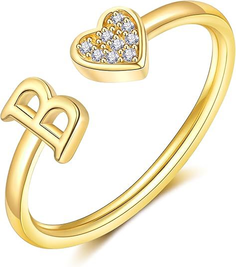 initial ring letter heart ring adjustable love ring open band ring gold plated ring dainty promise ring personalized gift jewelry minimalist everyday ring romantic stackable ring crystal accent ring JZ-074