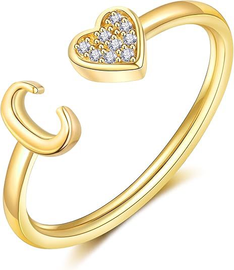 initial ring letter heart ring adjustable love ring open band ring gold plated ring dainty promise ring personalized gift jewelry minimalist everyday ring romantic stackable ring crystal accent ring JZ-074