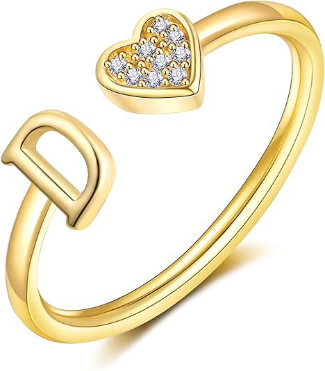 initial ring letter heart ring adjustable love ring open band ring gold plated ring dainty promise ring personalized gift jewelry minimalist everyday ring romantic stackable ring crystal accent ring JZ-074