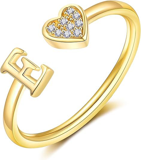 initial ring letter heart ring adjustable love ring open band ring gold plated ring dainty promise ring personalized gift jewelry minimalist everyday ring romantic stackable ring crystal accent ring JZ-074