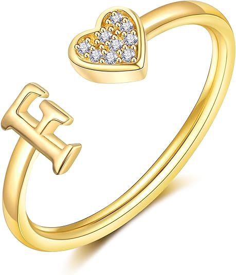 initial ring letter heart ring adjustable love ring open band ring gold plated ring dainty promise ring personalized gift jewelry minimalist everyday ring romantic stackable ring crystal accent ring JZ-074