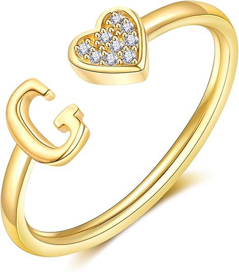initial ring letter heart ring adjustable love ring open band ring gold plated ring dainty promise ring personalized gift jewelry minimalist everyday ring romantic stackable ring crystal accent ring JZ-074