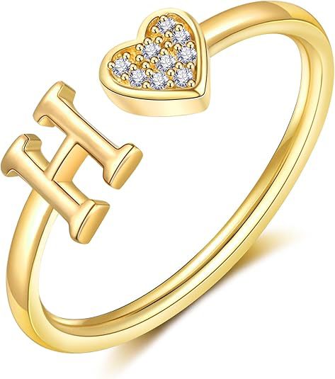 initial ring letter heart ring adjustable love ring open band ring gold plated ring dainty promise ring personalized gift jewelry minimalist everyday ring romantic stackable ring crystal accent ring JZ-074