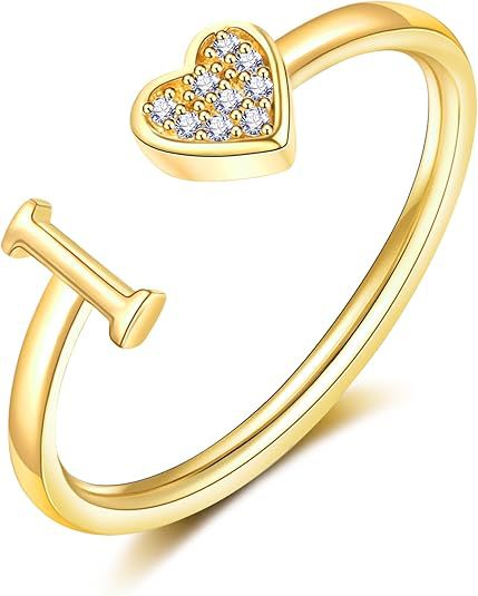 initial ring letter heart ring adjustable love ring open band ring gold plated ring dainty promise ring personalized gift jewelry minimalist everyday ring romantic stackable ring crystal accent ring JZ-074
