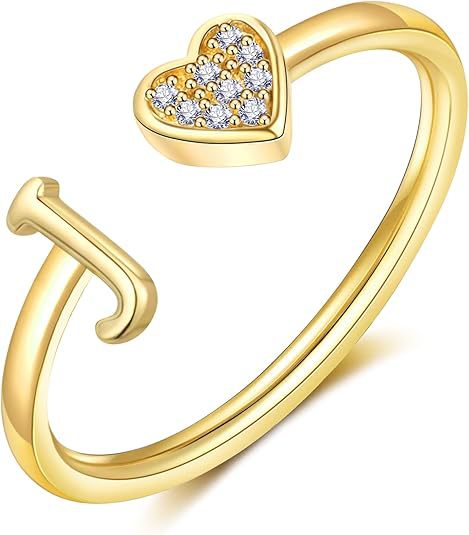 initial ring letter heart ring adjustable love ring open band ring gold plated ring dainty promise ring personalized gift jewelry minimalist everyday ring romantic stackable ring crystal accent ring JZ-074