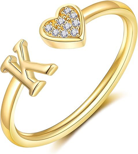 initial ring letter heart ring adjustable love ring open band ring gold plated ring dainty promise ring personalized gift jewelry minimalist everyday ring romantic stackable ring crystal accent ring JZ-074