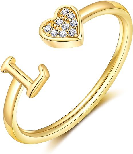 initial ring letter heart ring adjustable love ring open band ring gold plated ring dainty promise ring personalized gift jewelry minimalist everyday ring romantic stackable ring crystal accent ring JZ-074