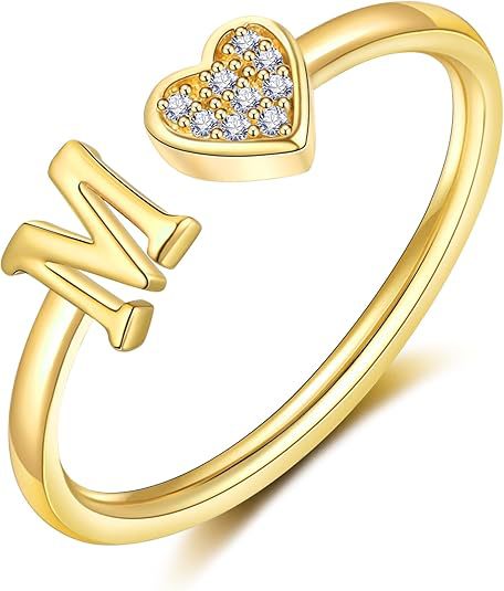initial ring letter heart ring adjustable love ring open band ring gold plated ring dainty promise ring personalized gift jewelry minimalist everyday ring romantic stackable ring crystal accent ring JZ-074