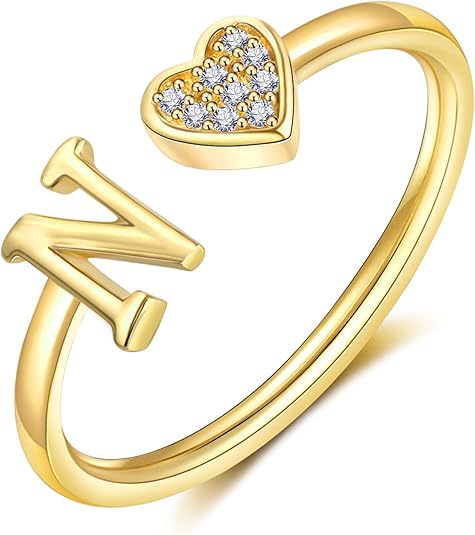initial ring letter heart ring adjustable love ring open band ring gold plated ring dainty promise ring personalized gift jewelry minimalist everyday ring romantic stackable ring crystal accent ring JZ-074