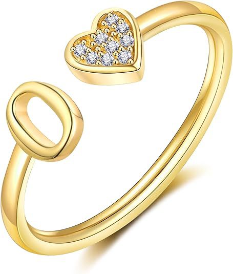 initial ring letter heart ring adjustable love ring open band ring gold plated ring dainty promise ring personalized gift jewelry minimalist everyday ring romantic stackable ring crystal accent ring JZ-074