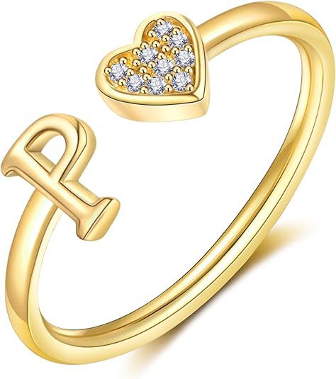 initial ring letter heart ring adjustable love ring open band ring gold plated ring dainty promise ring personalized gift jewelry minimalist everyday ring romantic stackable ring crystal accent ring JZ-074