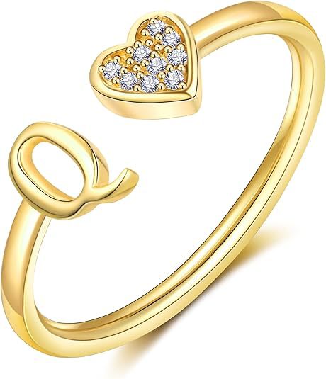 initial ring letter heart ring adjustable love ring open band ring gold plated ring dainty promise ring personalized gift jewelry minimalist everyday ring romantic stackable ring crystal accent ring JZ-074