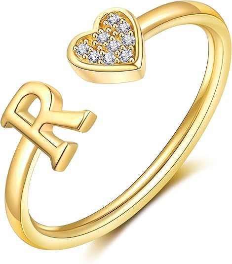 initial ring letter heart ring adjustable love ring open band ring gold plated ring dainty promise ring personalized gift jewelry minimalist everyday ring romantic stackable ring crystal accent ring JZ-074