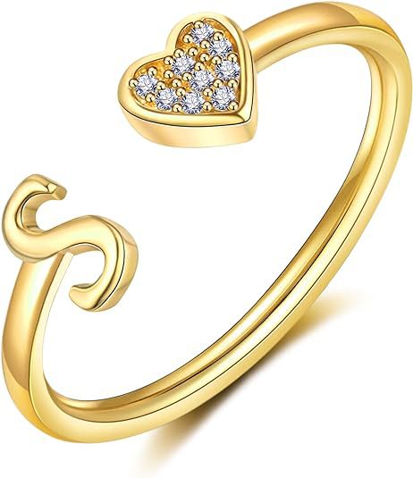 initial ring letter heart ring adjustable love ring open band ring gold plated ring dainty promise ring personalized gift jewelry minimalist everyday ring romantic stackable ring crystal accent ring JZ-074