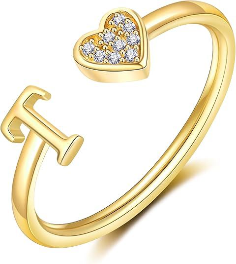 initial ring letter heart ring adjustable love ring open band ring gold plated ring dainty promise ring personalized gift jewelry minimalist everyday ring romantic stackable ring crystal accent ring JZ-074