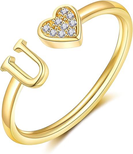 initial ring letter heart ring adjustable love ring open band ring gold plated ring dainty promise ring personalized gift jewelry minimalist everyday ring romantic stackable ring crystal accent ring JZ-074