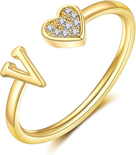 initial ring letter heart ring adjustable love ring open band ring gold plated ring dainty promise ring personalized gift jewelry minimalist everyday ring romantic stackable ring crystal accent ring JZ-074