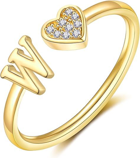 initial ring letter heart ring adjustable love ring open band ring gold plated ring dainty promise ring personalized gift jewelry minimalist everyday ring romantic stackable ring crystal accent ring JZ-074