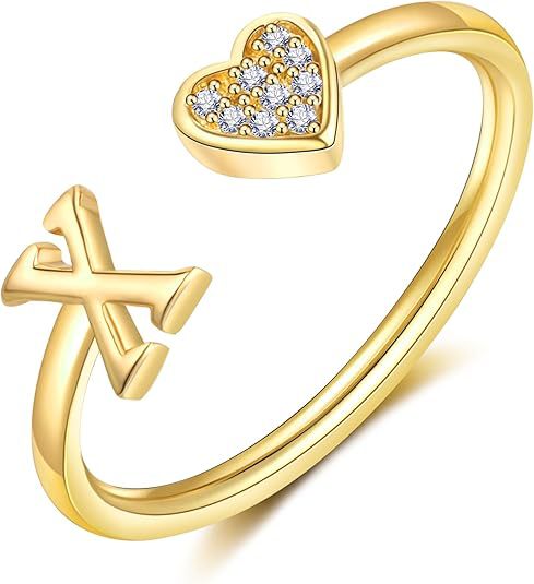 initial ring letter heart ring adjustable love ring open band ring gold plated ring dainty promise ring personalized gift jewelry minimalist everyday ring romantic stackable ring crystal accent ring JZ-074