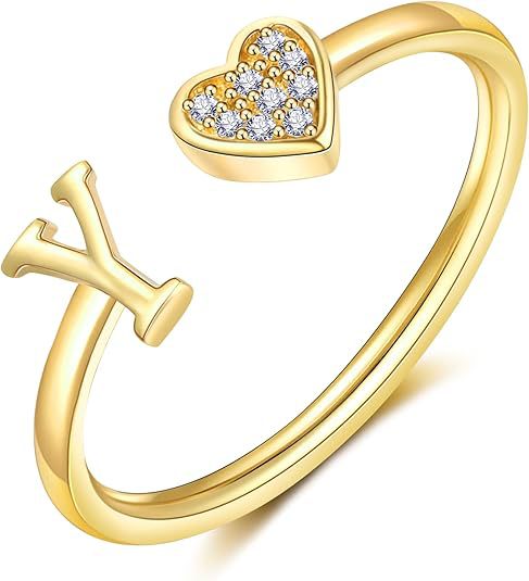 initial ring letter heart ring adjustable love ring open band ring gold plated ring dainty promise ring personalized gift jewelry minimalist everyday ring romantic stackable ring crystal accent ring JZ-074