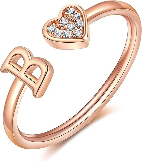 initial ring letter heart ring adjustable love ring open band ring gold plated ring dainty promise ring personalized gift jewelry minimalist everyday ring romantic stackable ring crystal accent ring JZ-074