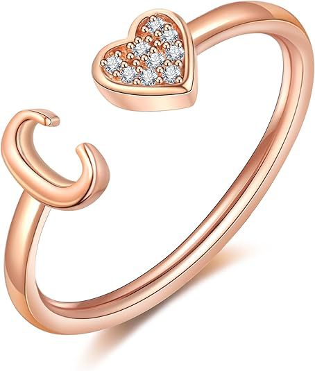 initial ring letter heart ring adjustable love ring open band ring gold plated ring dainty promise ring personalized gift jewelry minimalist everyday ring romantic stackable ring crystal accent ring JZ-074