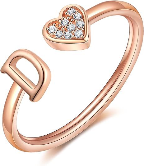 initial ring letter heart ring adjustable love ring open band ring gold plated ring dainty promise ring personalized gift jewelry minimalist everyday ring romantic stackable ring crystal accent ring JZ-074