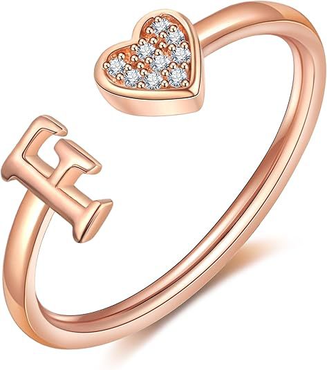 initial ring letter heart ring adjustable love ring open band ring gold plated ring dainty promise ring personalized gift jewelry minimalist everyday ring romantic stackable ring crystal accent ring JZ-074
