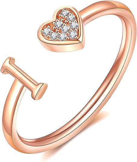 initial ring letter heart ring adjustable love ring open band ring gold plated ring dainty promise ring personalized gift jewelry minimalist everyday ring romantic stackable ring crystal accent ring JZ-074