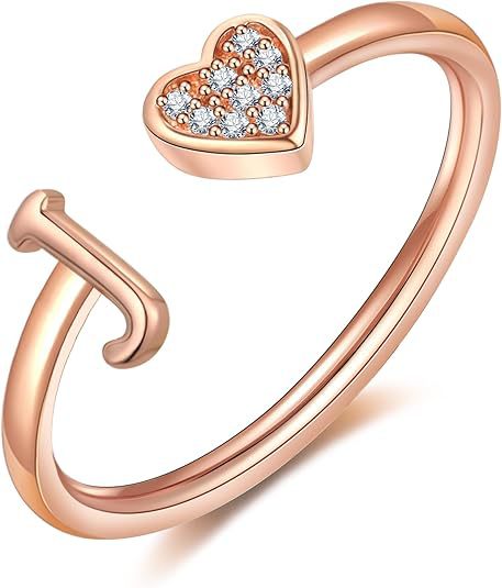 initial ring letter heart ring adjustable love ring open band ring gold plated ring dainty promise ring personalized gift jewelry minimalist everyday ring romantic stackable ring crystal accent ring JZ-074