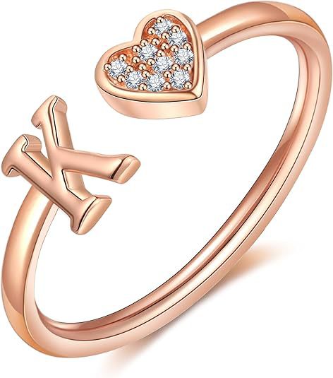 initial ring letter heart ring adjustable love ring open band ring gold plated ring dainty promise ring personalized gift jewelry minimalist everyday ring romantic stackable ring crystal accent ring JZ-074