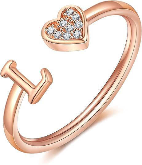 initial ring letter heart ring adjustable love ring open band ring gold plated ring dainty promise ring personalized gift jewelry minimalist everyday ring romantic stackable ring crystal accent ring JZ-074