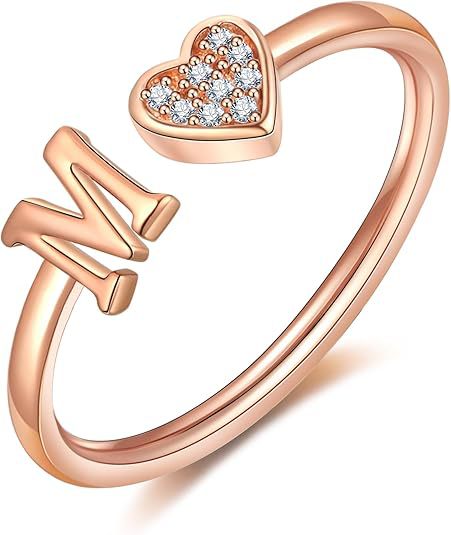 initial ring letter heart ring adjustable love ring open band ring gold plated ring dainty promise ring personalized gift jewelry minimalist everyday ring romantic stackable ring crystal accent ring JZ-074