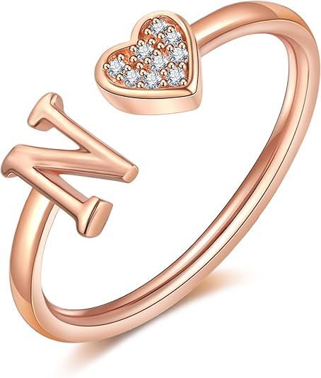 initial ring letter heart ring adjustable love ring open band ring gold plated ring dainty promise ring personalized gift jewelry minimalist everyday ring romantic stackable ring crystal accent ring JZ-074