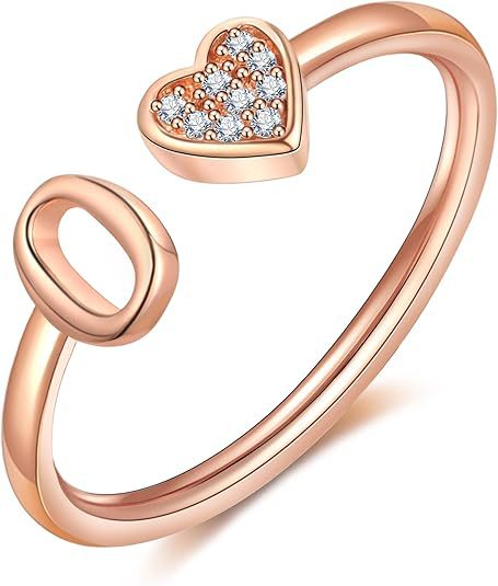initial ring letter heart ring adjustable love ring open band ring gold plated ring dainty promise ring personalized gift jewelry minimalist everyday ring romantic stackable ring crystal accent ring JZ-074