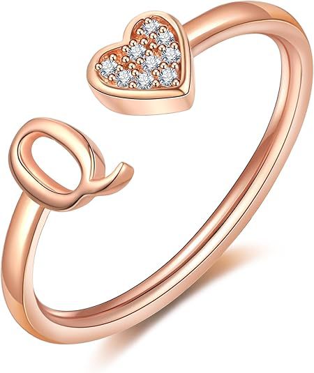 initial ring letter heart ring adjustable love ring open band ring gold plated ring dainty promise ring personalized gift jewelry minimalist everyday ring romantic stackable ring crystal accent ring JZ-074