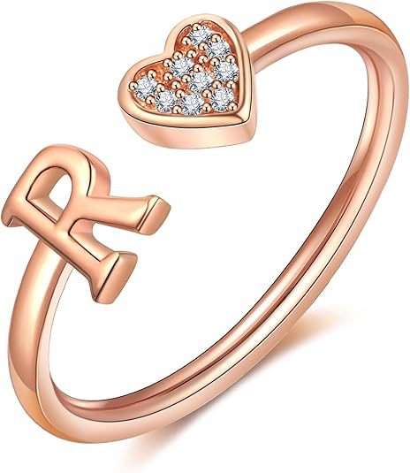 initial ring letter heart ring adjustable love ring open band ring gold plated ring dainty promise ring personalized gift jewelry minimalist everyday ring romantic stackable ring crystal accent ring JZ-074