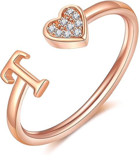 initial ring letter heart ring adjustable love ring open band ring gold plated ring dainty promise ring personalized gift jewelry minimalist everyday ring romantic stackable ring crystal accent ring JZ-074