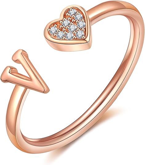 initial ring letter heart ring adjustable love ring open band ring gold plated ring dainty promise ring personalized gift jewelry minimalist everyday ring romantic stackable ring crystal accent ring JZ-074